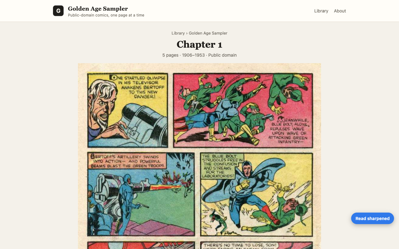The Read sharpened button on a comic page