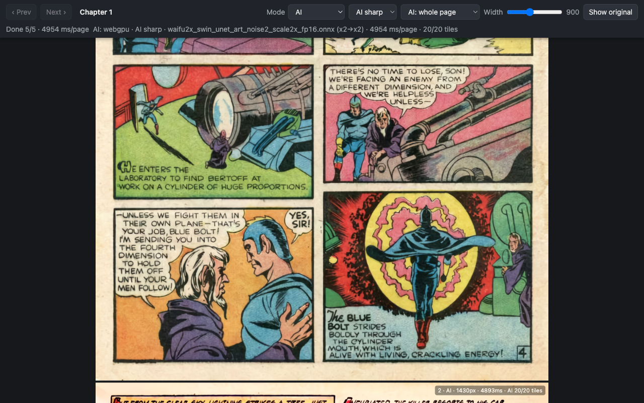 The PanelSharp reader tab showing a sharpened public-domain comic page (Blue Bolt #5, 1940)